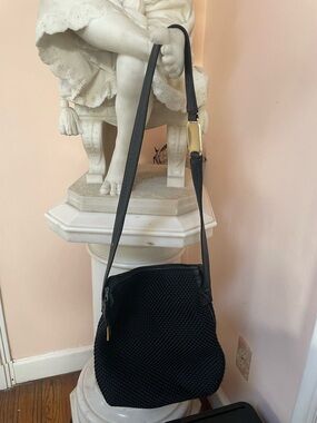 Americana Black Textured Shoulder Bag with leather trim & Gold Accent